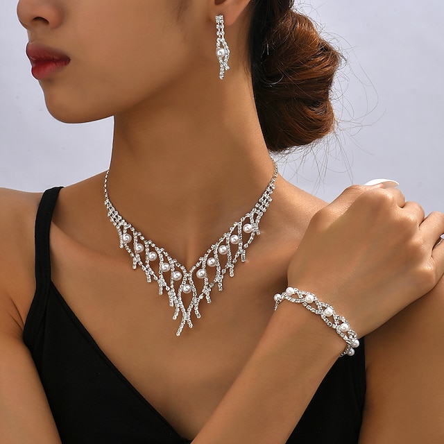  I monili nuziali 1 set Perle finte Diamanti d'imitazione 1 collana 1 bracciale Orecchini Per donna Elegante Europeo Nappa Parure di gioielli Per Matrimonio Anniversario Da sera