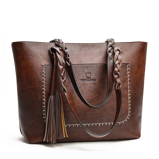  Women's Tote Shoulder Bag Tote PU Leather Office Daily Going out Tassel Large Capacity Solid Color Black Red Light Brown