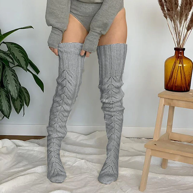 Women's Stockings Thigh-High Crimping Socks Winter Tights Thermal Warm High Elasticity Hole Winter Black Pink Grey One-Size 7