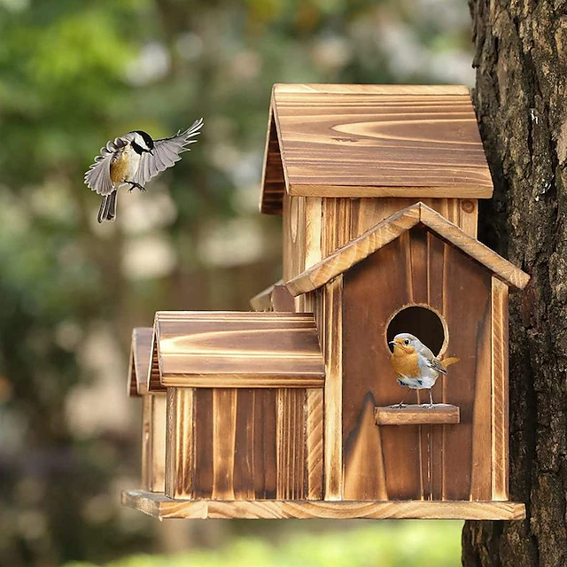 Bird House for Outside, 6 Holes Handmade Wooden Bird House, Retro Villa ...