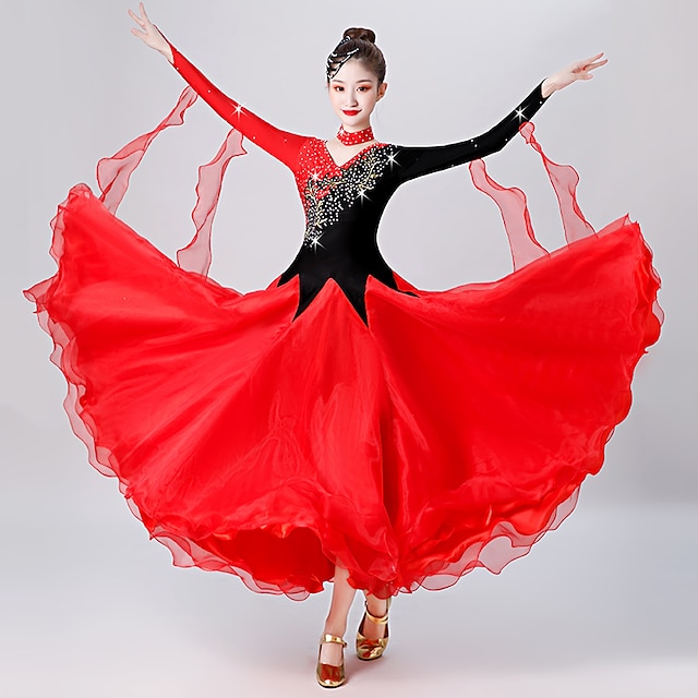  Danse de Salon Robe Broderie Fantaisie Cristaux / Stras Femme Utilisation Entraînement manche longue Spandex Organza