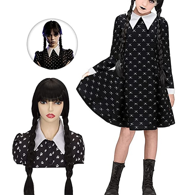 Kid's Wednesday Addams Floral Black Dress Plaits Pigtails Wig For Girls ...