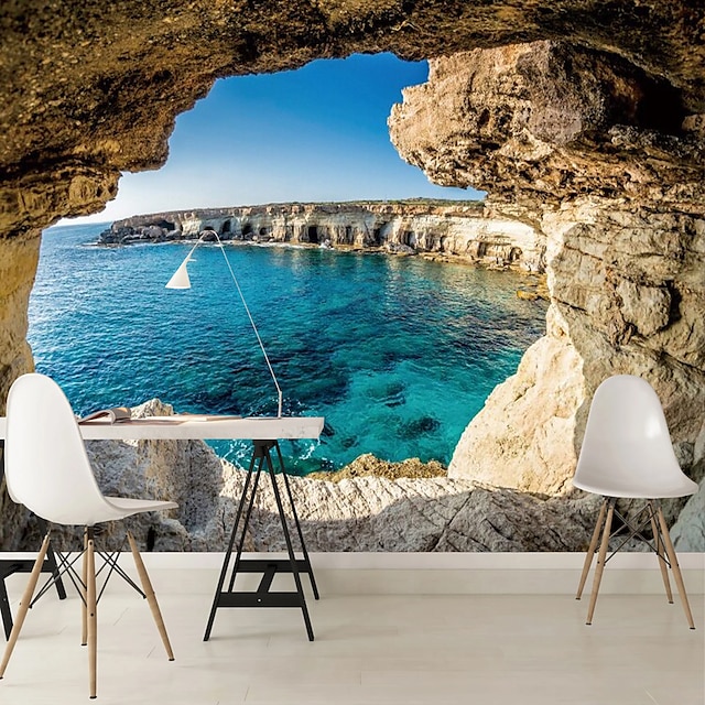 Landscape Wallpaper Mural Mountain Water Lake Sea Cave Wall Covering Sticker Peel and Stick Removable PVC/Vinyl Material Self Adhesive/Adhesive Required Wall Decor for Living Room Kitchen Bathroom
