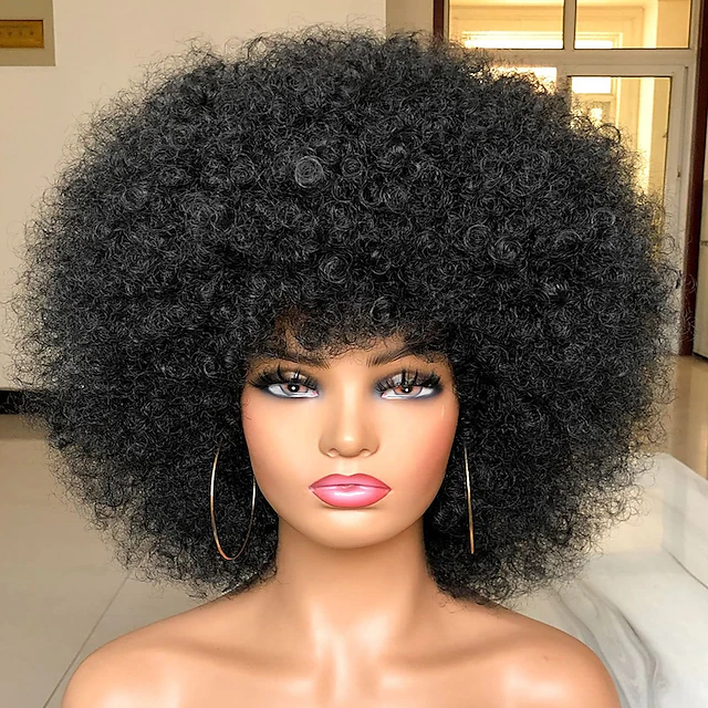 Short Afro Wig With Bangs For Black Women Afro Kinky Curly Wig 70s Premium Synthetic Big Afro 5252