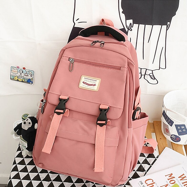  Mochila escolar para hombre y mujer, mochila de viaje, mochila escolar diaria de poliéster de color sólido de gran capacidad, botones impermeables con cremallera, negro, amarillo, rosa