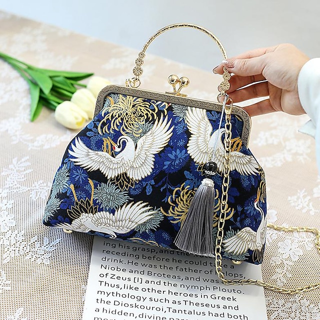  Women's Clutch Bags Satin Alloy Party / Evening Bridal Shower Wedding Party Embroidery Floral Print Crane blue Crane black Butterfly blue