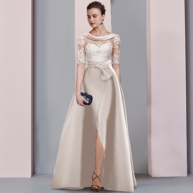  A-Line Mother of the Bride Dress Wedding Guest Elegant Scoop Neck Floor Length Satin Lace Half Sleeve with Bow(s) Appliques Split Front free custom size