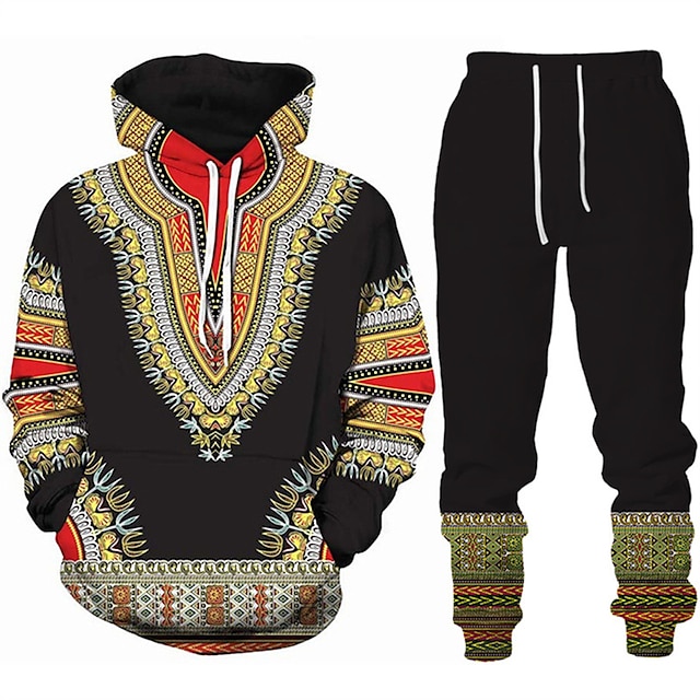  Mens Graphic Hoodie Tracksuit Hoodies Set Light Yellow Pink Blue Purple Hooded Tribal 2 Piece Print Sports & Outdoor Casual 3D Basic
