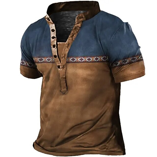 Men's Graphic Color Block Henley Shirt Tee Short Sleeve 3D Print Fashion Comfortable Outdoor Casual Daily Spring &  Fall Brown Henley Henley T-Shirt2