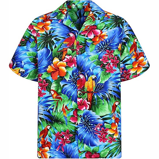  Herre Skjorte Hawaii skjorte Blomstret Grafiske tryk Papegøje Aftæpning Lys Lyserød Lysegrøn Lyserød Marineblå Blå Afslappet Hawaiiansk Kortærmet Trykt mønster Knap ned Tøj Tropisk Mode Hawaiiansk