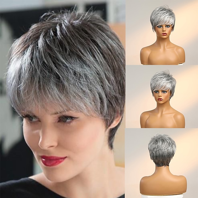  Human Hair Wig Short Straight With Bangs Dark Gray Soft Party Women Capless Brazilian Hair Women's Grey 8 inch Party / Evening Daily Daily Wear