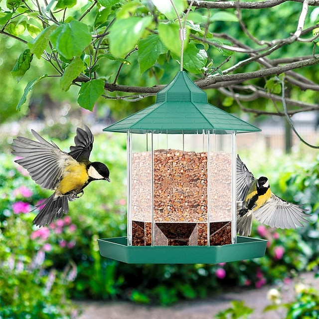  Vogelhäuschen, hängendes Wildvogelhäuschen aus Kunststoff für die Dekoration des Gartenhofs im Freien, sechseckig mit Dach