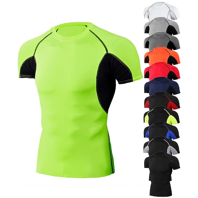  Men's Compression Shirt Running Shirt Patchwork Short Sleeve Tee Tshirt Athletic Athleisure Spandex Breathable Quick Dry Moisture Wicking Fitness Gym Workout Running Sportswear Activewear Color Block