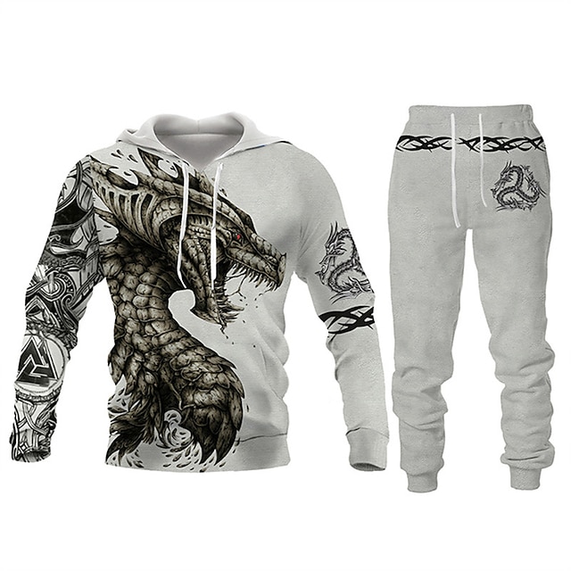  Men's Tracksuit Hoodies Set White Hooded Graphic Dragon 2 Piece Print Sports & Outdoor Casual Sports 3D Print Basic Streetwear Designer Fall Spring Clothing Apparel Hoodies Sweatshirts 