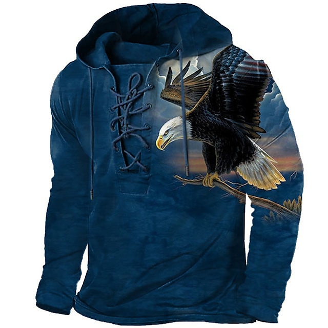  Men's Pullover Hoodie Sweatshirt Pullover Blue Hooded Graphic Prints Eagle Lace up Print Casual Daily Sports 3D Print Basic Streetwear Designer Spring &  Fall Clothing Apparel Hoodies Sweatshirts 