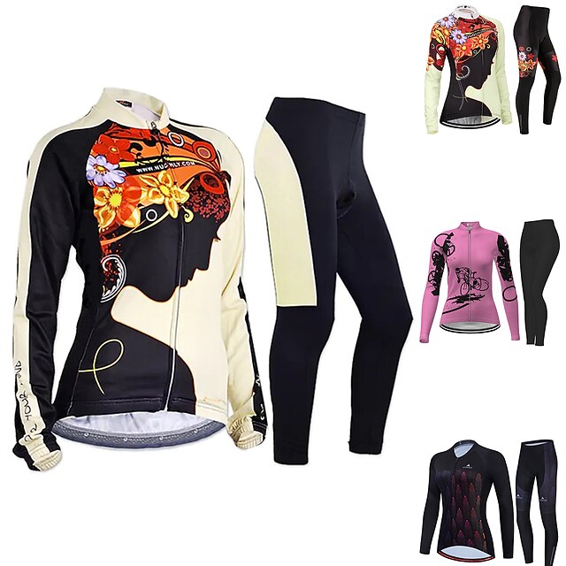  Women's Cycling Jersey with Tights Long Sleeve Mountain Bike MTB Road Bike Cycling Winter Black Fuchsia Red+Black Floral Botanical Bike Thermal Warm Fleece Lining Windproof Breathable Anatomic Design