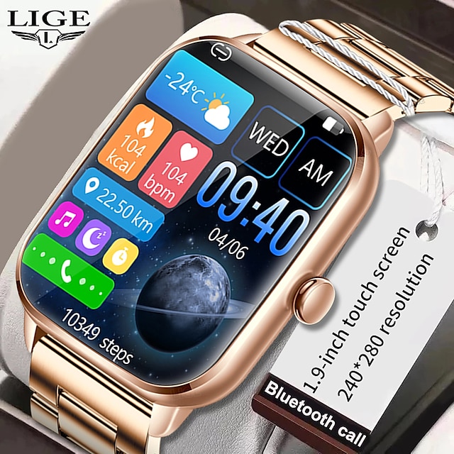  LIGE BW0449 Reloj inteligente 1.9 pulgada Smartwatch Reloj elegante Bluetooth Podómetro Recordatorio de Llamadas Monitor de Pulso Cardiaco Compatible con Android iOS Mujer Hombre Llamadas con Manos