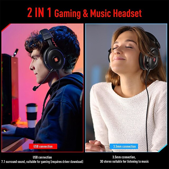 EKSA E900 Pro Virtual 7.1 Surround Sound Gaming Headset Led USB/3.5mm Wired  Headphone With Mic Volume Control For Xbox PC Gamer