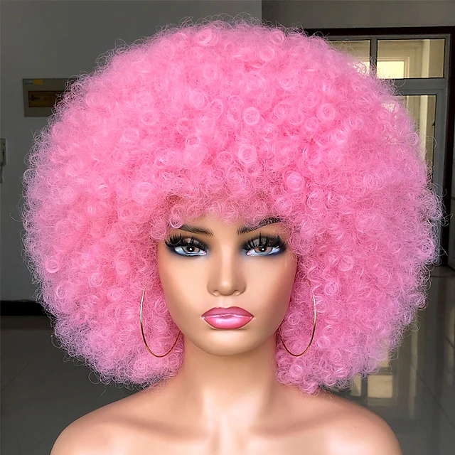 Short Afro Wig With Bangs For Black Women Afro Kinky Curly Wig 70s Premium Synthetic Big Afro 