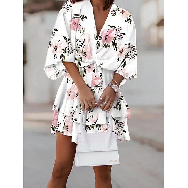  Women's Shirt Dress Casual Dress Outdoor Daily Mini Dress Casual Polyester Ruched Print V Neck Spring Summer 3/4 Length Sleeve Loose Fit 2023 Black White Blue Pure Color S M L XL 2XL
