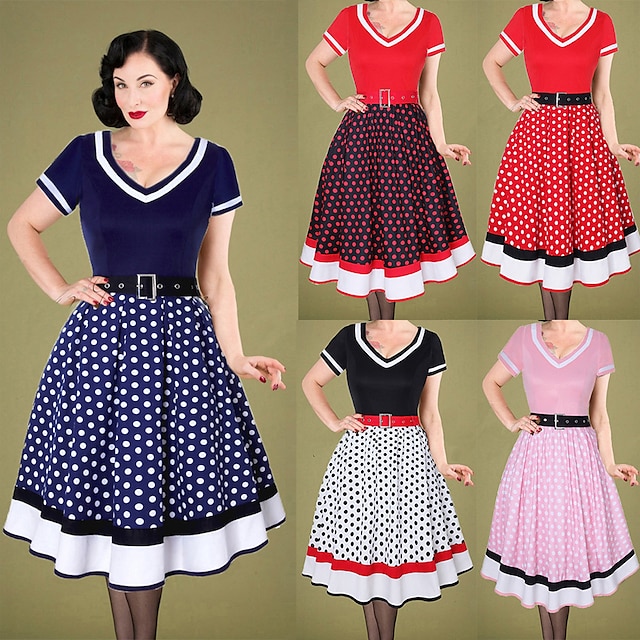  Polka Dots Retro Vintage 1950er Cocktailkleid Vintage Kleid Kleid Schlagkleid Knielang Übergröße Damen Erwachsene Kleid Sommer