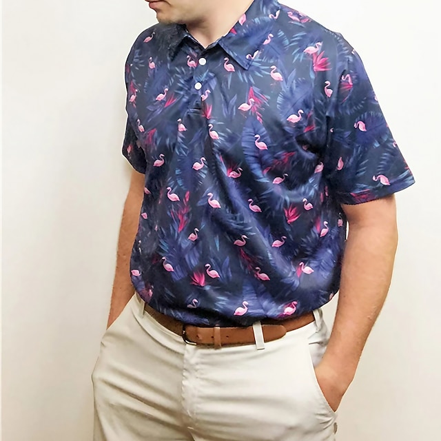 Mens Polo Shirt Hawaiian Polo Shirt Golf Shirt Flamingo Graphic Prints Leaves Turndown Navy 1779