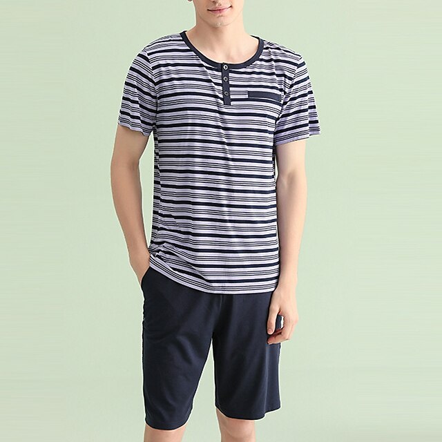  Homens Loungewear Conjunto de Pijama Top e shorts de pijama 1conjunto Listra à moda Casual Casa Diário De Cama Algodão Respirável Macio Gola Redonda Manga Curta Camiseta Calção Cintura elástica