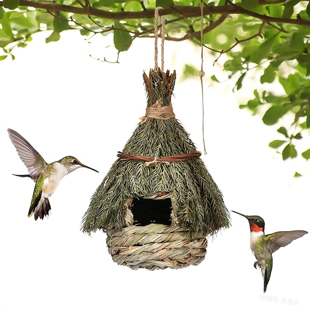  kolibritalo ulkokäyttöön, käsin kudottu olkilinnun pesä | pieni luonnonruohoinen lintuhuone lintujen yöpymistasku, puutarhan ikkunan patiolle kodin sisustamiseen