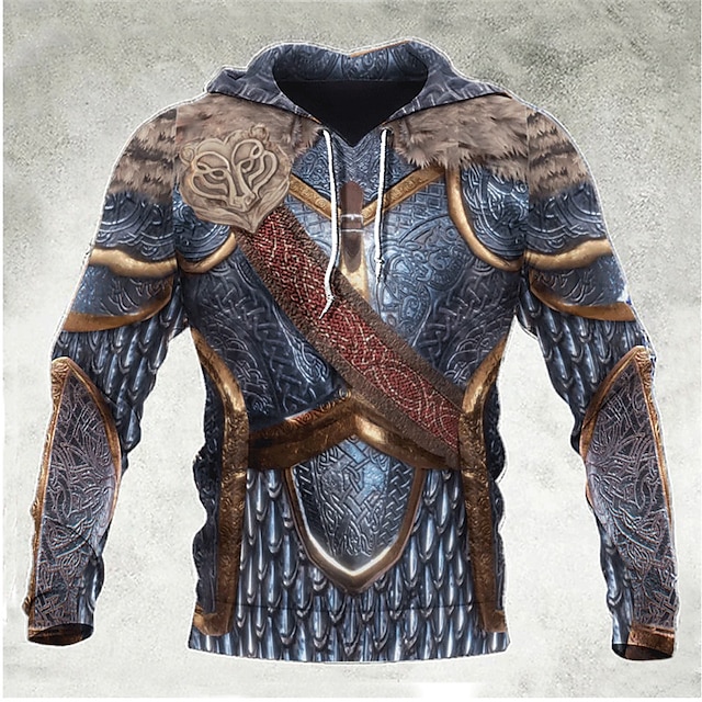  armored warrior herr grafisk hoodie sweatshirt silver huvtryck dagliga sport 3d basic streetwear designer vår& höst kläder keltisk halloween blå