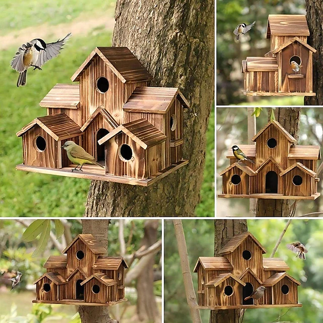 Bird House for Outside, 6 Holes Handmade Wooden Bird House, Retro Villa Style Large Bird House for Outside Birds, Backyard Patio Decorations 9