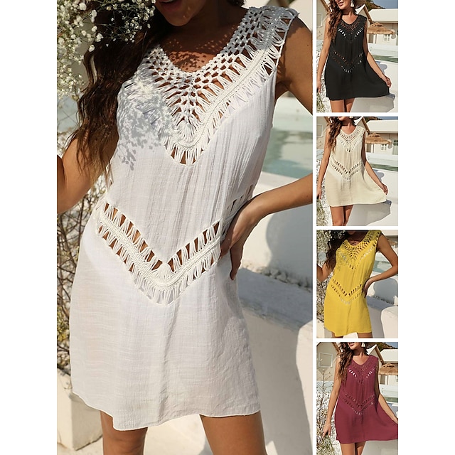  Women's Casual Dress Sundress Mini Dress Black White Yellow Pure Color Sleeveless Winter Fall Spring Hollow Out Fashion V Neck Loose Fit Daily 2023 One-Size