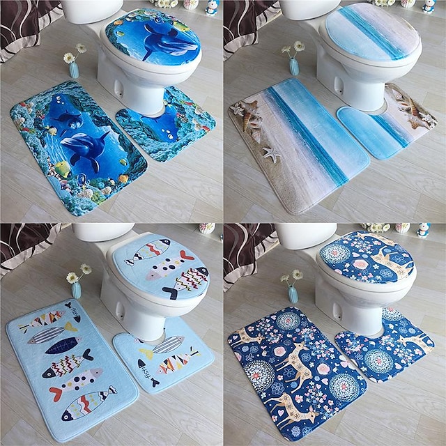  3Pcs/Set Bathroom Non-Slip Pedestal Rug + Lid Toilet Cover + Bath Mat Washable