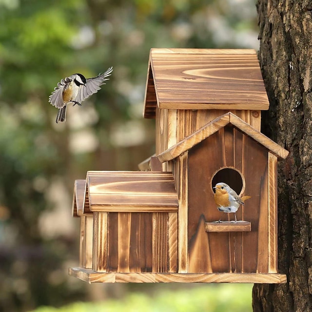 Bird House for Outside, 6 Holes Handmade Wooden Bird House, Retro Villa ...