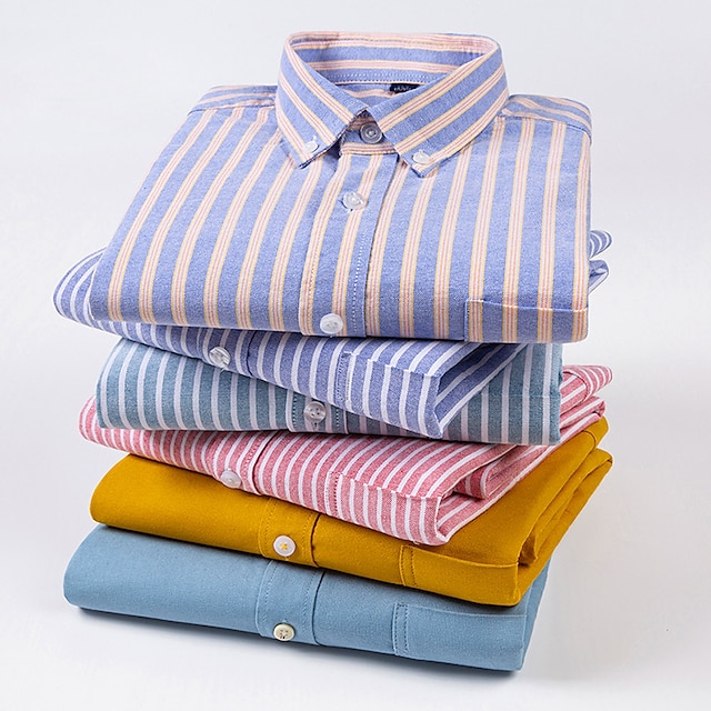  Men's Dress Shirt Oxford Shirt Yellow Blue Green Long Sleeve Striped Square Neck Spring &  Fall Wedding Outdoor Clothing Apparel Button-Down