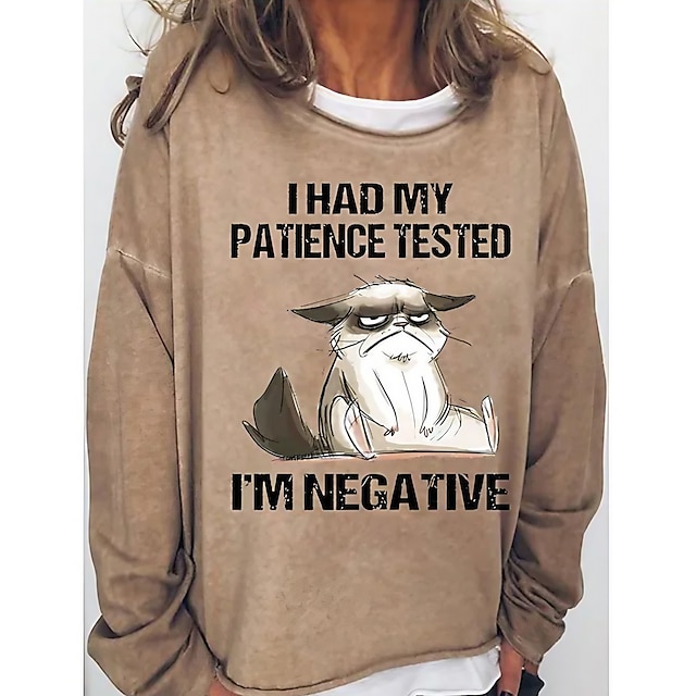  Women's Sweatshirt Pullover Active Streetwear Black Pink Red I HAD MY PATIENCE TESTED Cat Sports Oversized Long Sleeve Round Neck