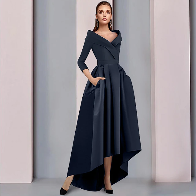 A-Line Mother of the Bride Dress Tuxedo Dress Wedding Guest Elegant High Low Sweet Spaghetti Strap Asymmetrical Tea Length Satin 3/4 Length Sleeve with Pleats 7