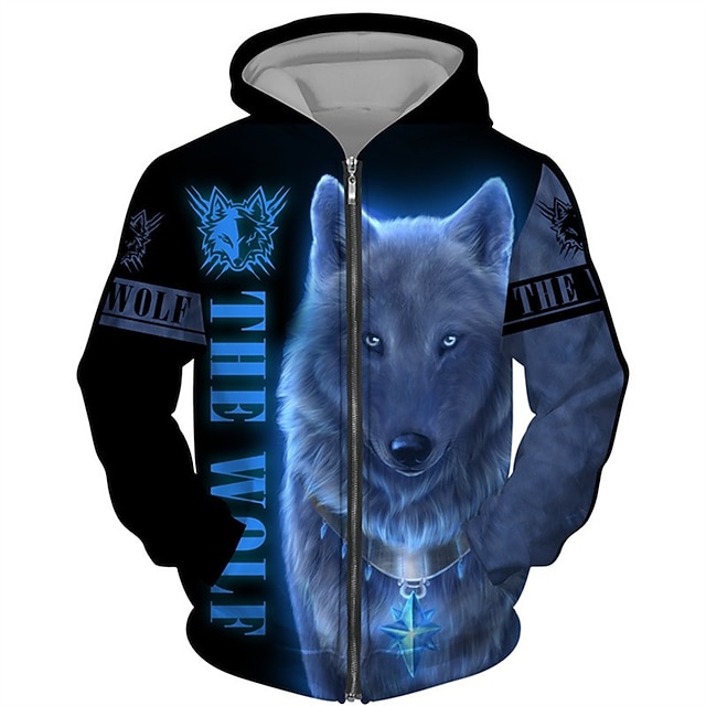  Pánské Zvíře Vlk Grafické tisky Kapuce Kapucky Mikina Šik ven Designové Dlouhý rukáv Kapuce Sporty a outdoor Denní Sport Žlutá Rubínově červená Zip Tisk Jaro & podzim Návrhář