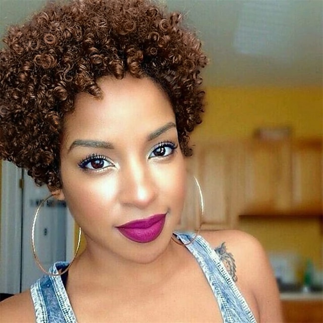  Fashion Short Afro Curly Wig for Black Women Human Hair Wigs Ombre Brown Kinky Curly Wig African American Wigs Brazilian Virgin Human Hair Afro Wigs