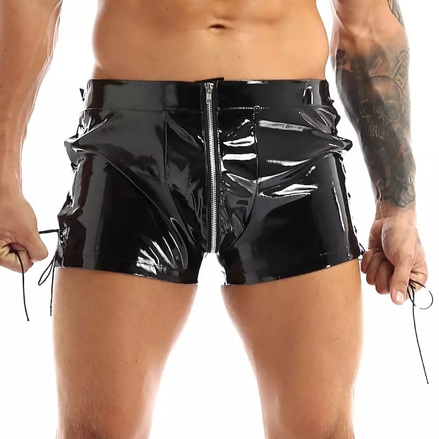  Men's Casual Shorts Faux Leather Shorts Solid Colored Comfort Soft Home Casual Clubwear Sexy Wetlook Black