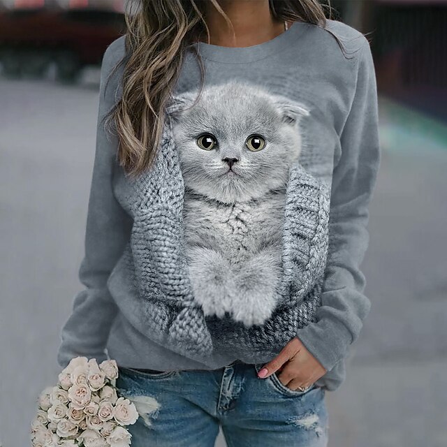 Women's Sweatshirt Pullover Basic Gray Cat Street Plus Size Round Neck Long Sleeve