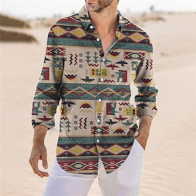 Men's Tribal Geometry Ethnic Shirt Button Up Shirt Long Sleeve Vintage Fashion Streetwear Outdoor Daily Fall & Winter Turndown Print Button-Down Yellow Blue3