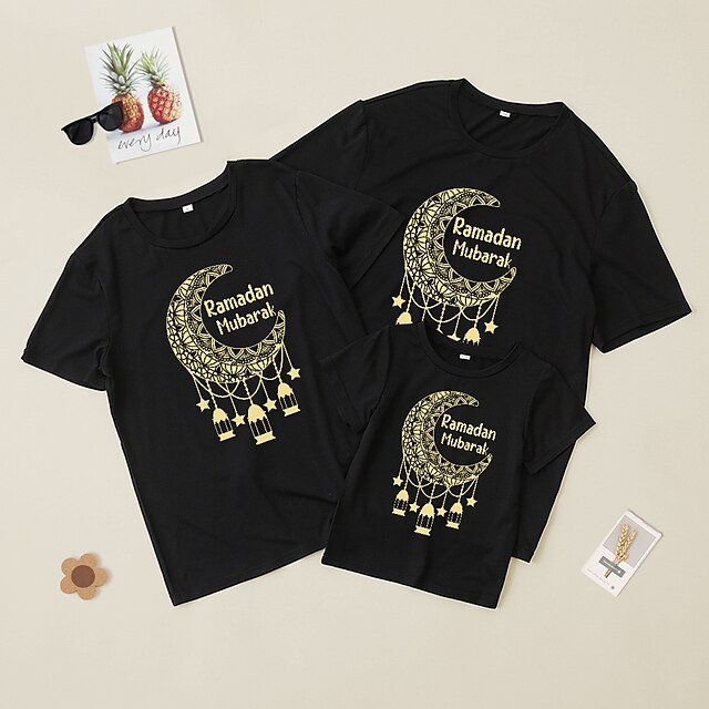  Family Ramadan T shirt Letter Star Moon Casual Crewneck Black Short Sleeve Mommy And Me Outfits Cute Matching Outfits