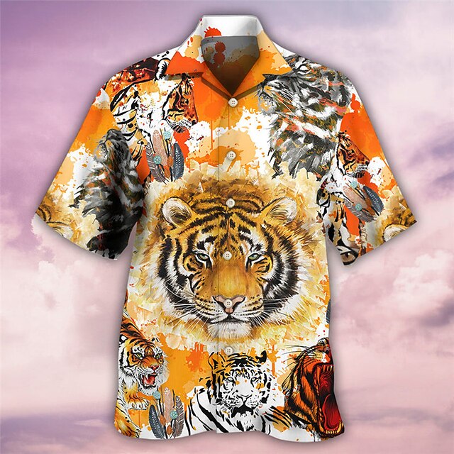 Chinese New Year Tiger Power Tiger, Mens Graphic Shirt Summer Hawaiian Prints Turndown Yellow Casual Holiday Short Sleeve Button Clothing Apparel Tropical Fashion Orange Cotton Native American Button-4