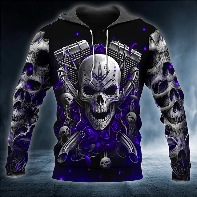 Men's Pullover Hoodie Sweatshirt Purple Hooded Skull Graphic Prints ...