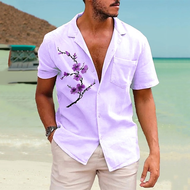  Per uomo Camicia Camicia in lino e cotone Camicia in cotone bianco Camicia estiva Maglietta informale Camicia da spiaggia Pop art Strada Hawaiano Bianco Viola Maniche corte Collo ripiegabile Estate