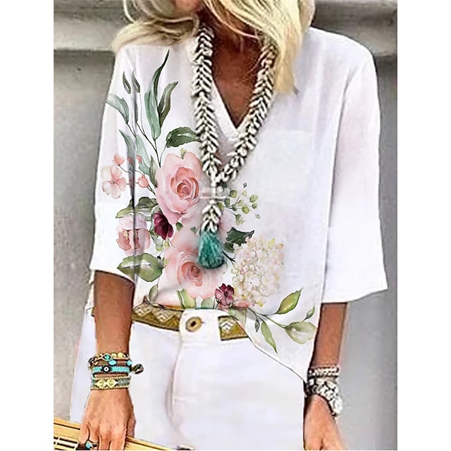  Women's Shirt Blouse White Pink Blue Flower Print 3/4 Length Sleeve Casual Holiday Basic Casual V Neck Regular S