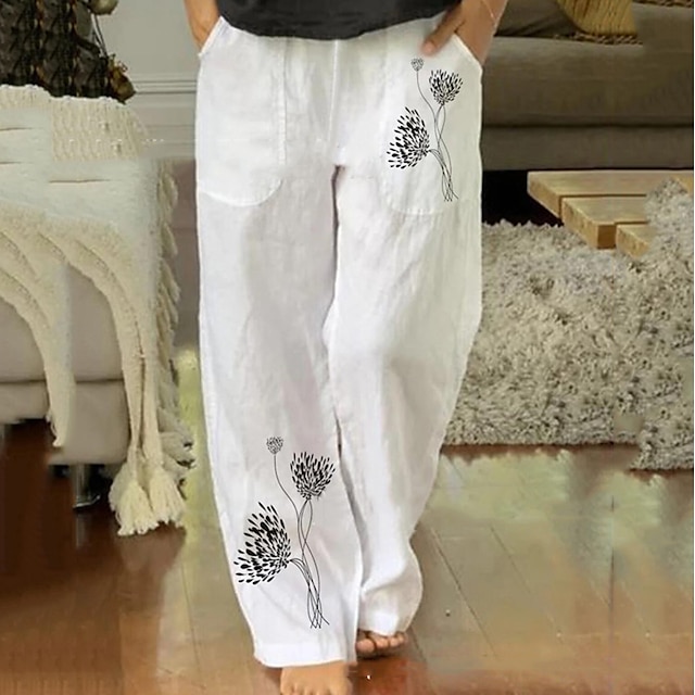  Women's Wide Leg Pants Trousers Linen White Fashion Holiday Weekend Side Pockets Wide Leg Full Length Comfort Floral S M L XL 2XL