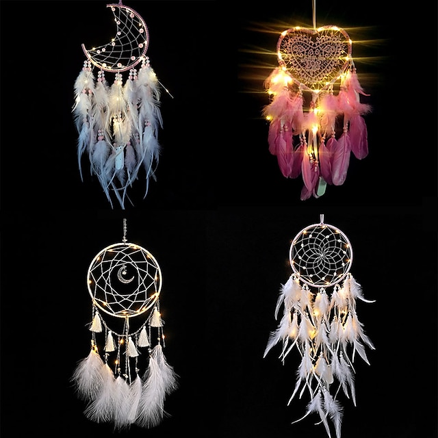  LED Dream Catcher Wall Decor with Feather Pendant Wall Hanging Ornament Wind Chimes Light for Car Home Girl Children's Bedroom Decoration Christmas Birthday Party Balcony Window Ramadan Eid Decorations