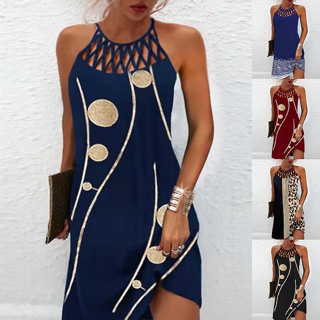  Women's Casual Dress Geometric Print Cut Out Halter Neck Midi Dress Elegant Stylish Daily Vacation Sleeveless Summer Spring