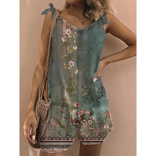  Women's Romper Print Floral Crew Neck Casual Going out Weekend Loose Fit Strap Green S M L Spring